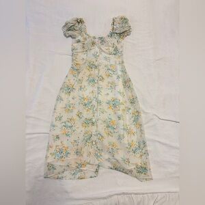 With Jean Cream Midi Dress with Yellow & Blue Floral Print